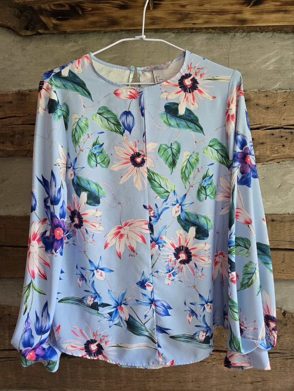 Floral Long-Sleeve Blouse - Light Blue